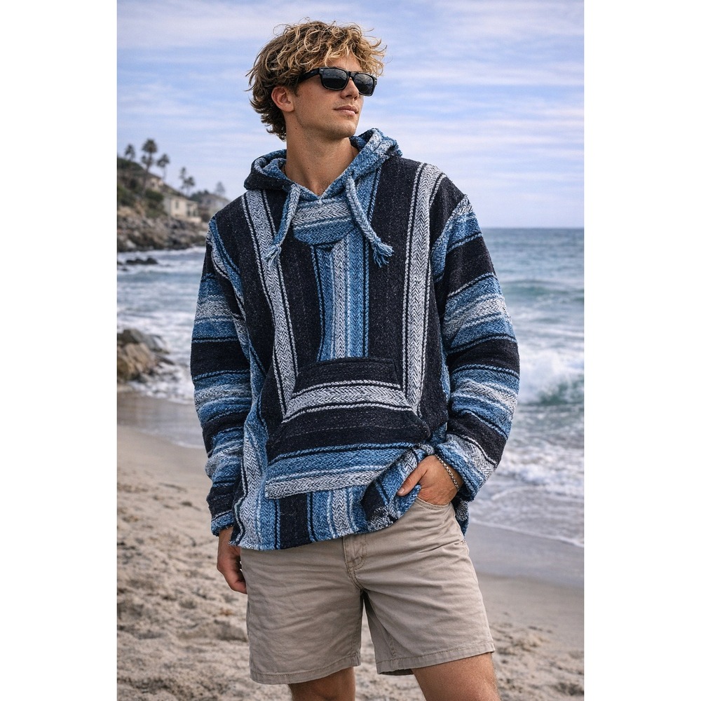 Earth Ragz Baja‎ Hoodie S Mexican Poncho Drug Rug Blue Black Striped Unisex